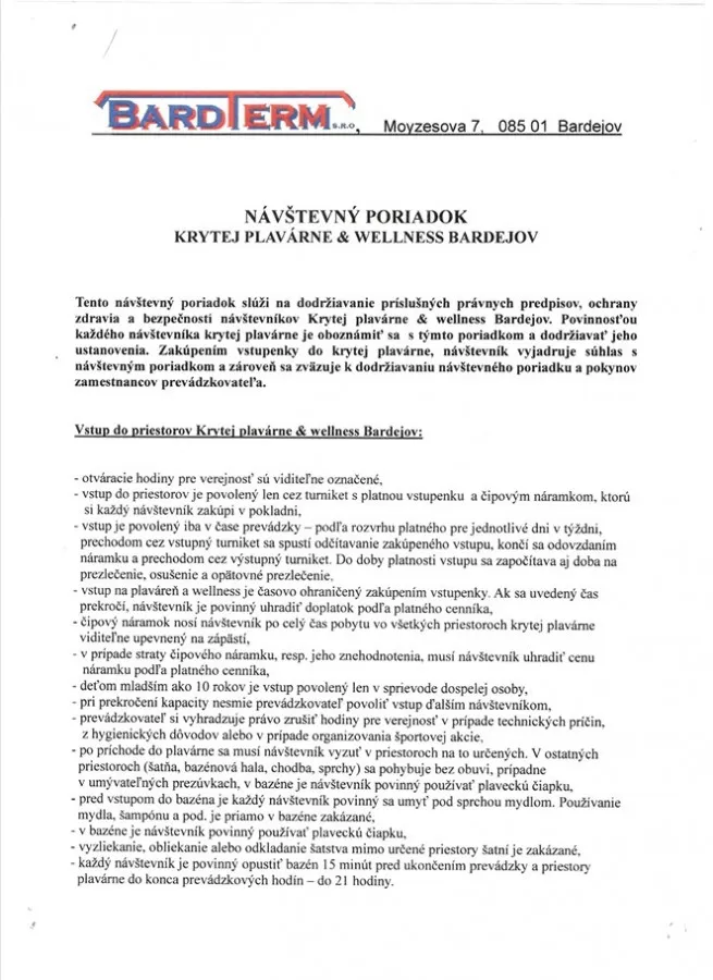 Návštevný poriadok bazéna – strana 1
